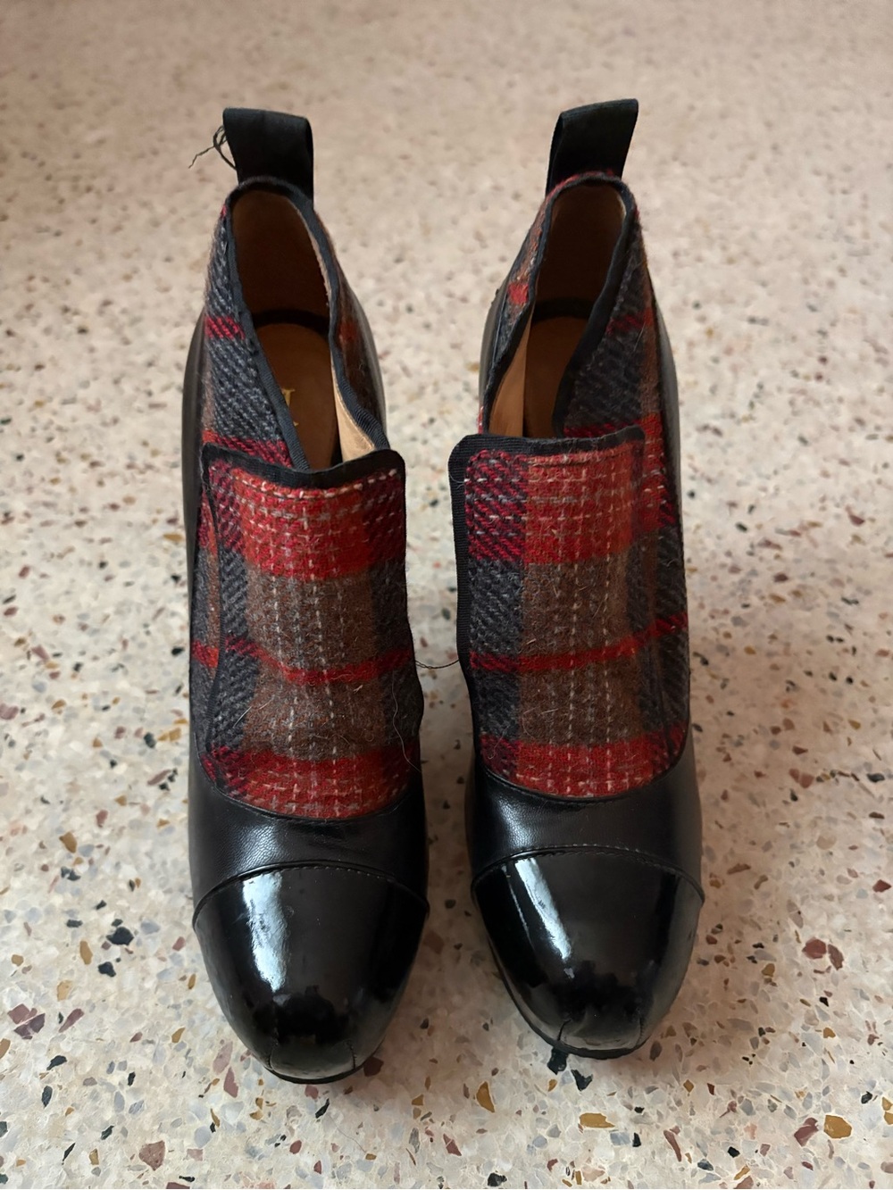 L.A.M.B. Essex Black Leather & Red Plaid Cap-Toe Ankle Booties